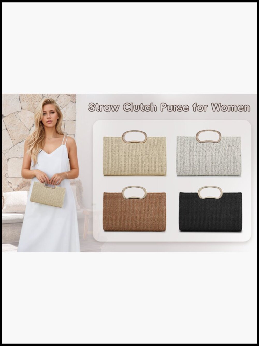 Straw Clutch Purse Woven Evening Bag Beach Handbag with Chain - Picture 7 of 7
